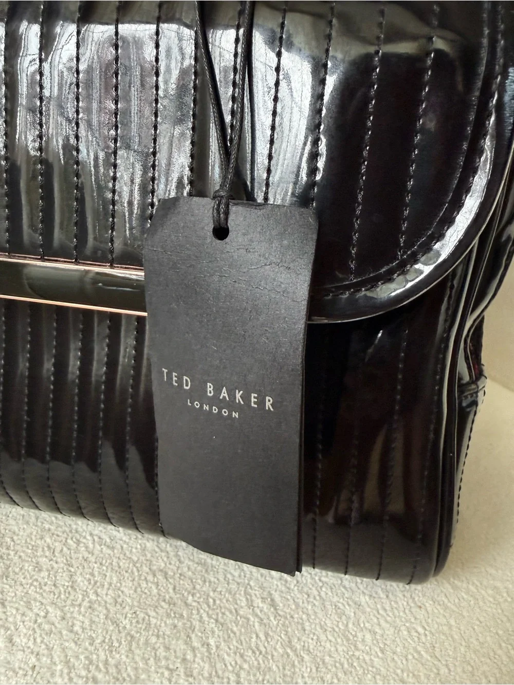 Ted Baker Black Patent Pet Carrier with Rose-Gold Hardware